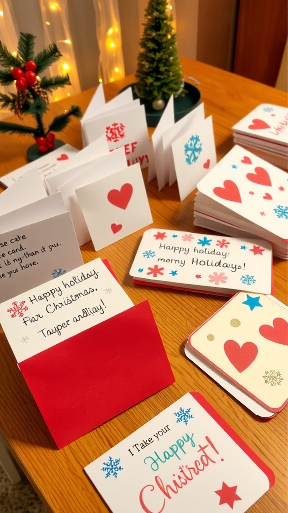 Easy Christmas Card Ideas A collection of handmade Christmas cards with colorful designs and holiday messages on a wooden table.